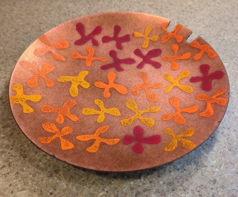 Vintage 8" Enamel on Copper Art Deco Ashtray Mid Century Modern 50's
